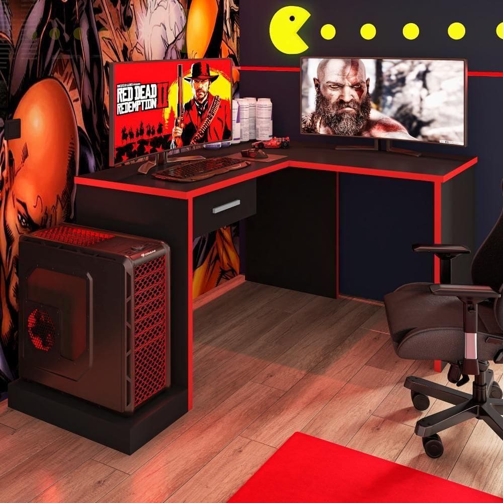 Mesa Gamer De Canto Com Gaveta Wayra Preto Vermelho