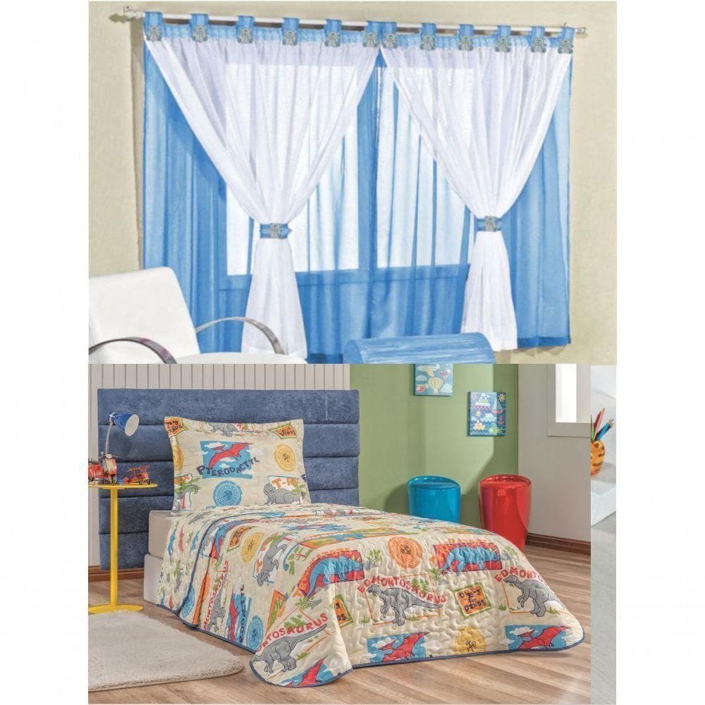 Cortina Juvenil Quarto Menino E Colcha Matelada Dinossauro - Azul