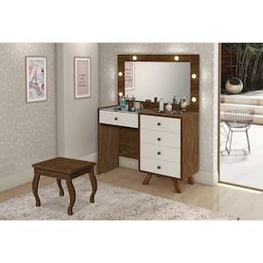 Penteadeira Camarim Com Espelho E Led Com Banqueta Luna Malbec / Off White - Luapa