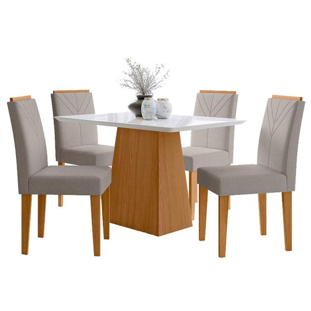 Mesa de Jantar 120 cm Bárbara com Vidro Ype Off White e 4 Cadeiras Amanda Ype Animale Areia - New Ceval