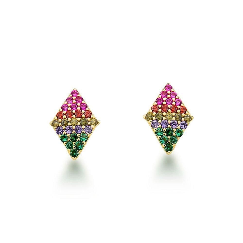 Brinco Arco Iris Losango Colorido Banhado A Ouro 18k
