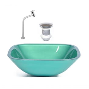 Cuba de Vidro Quadrada 35cm Verde + Valvula + Torneira Metal