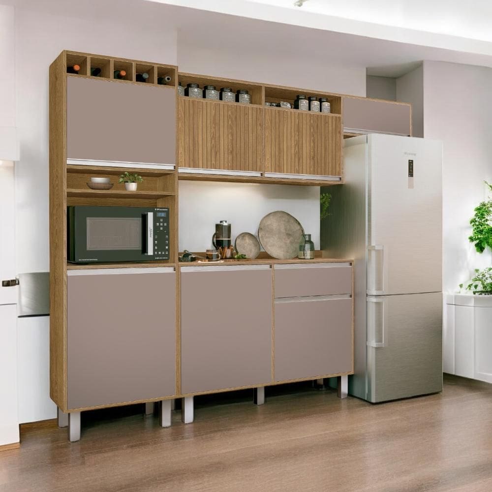 Cozinha Smart Torre Armário Geladeira Balcão  Freijó e Connect