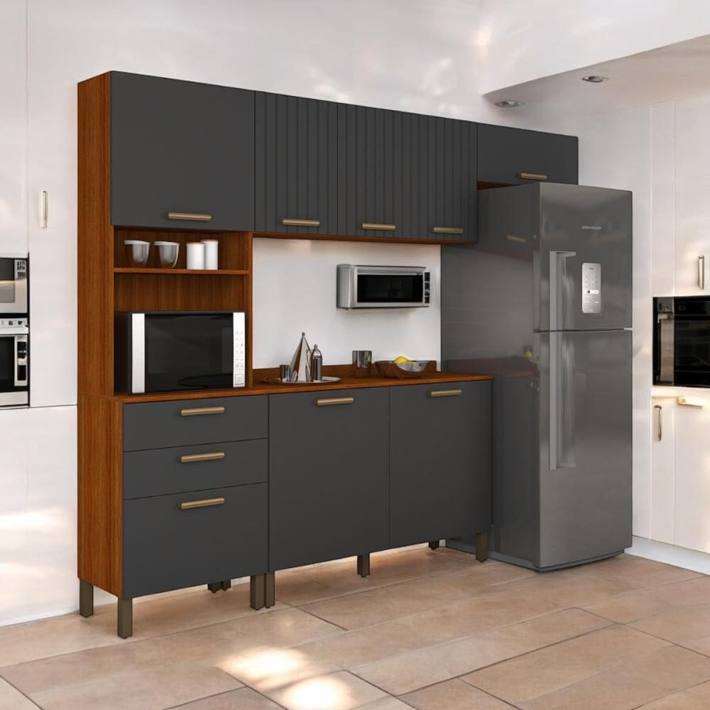 Cozinha Compacta Juliette com Torre Armário Áereo e Balcão 120 Cinamomo e Grafite