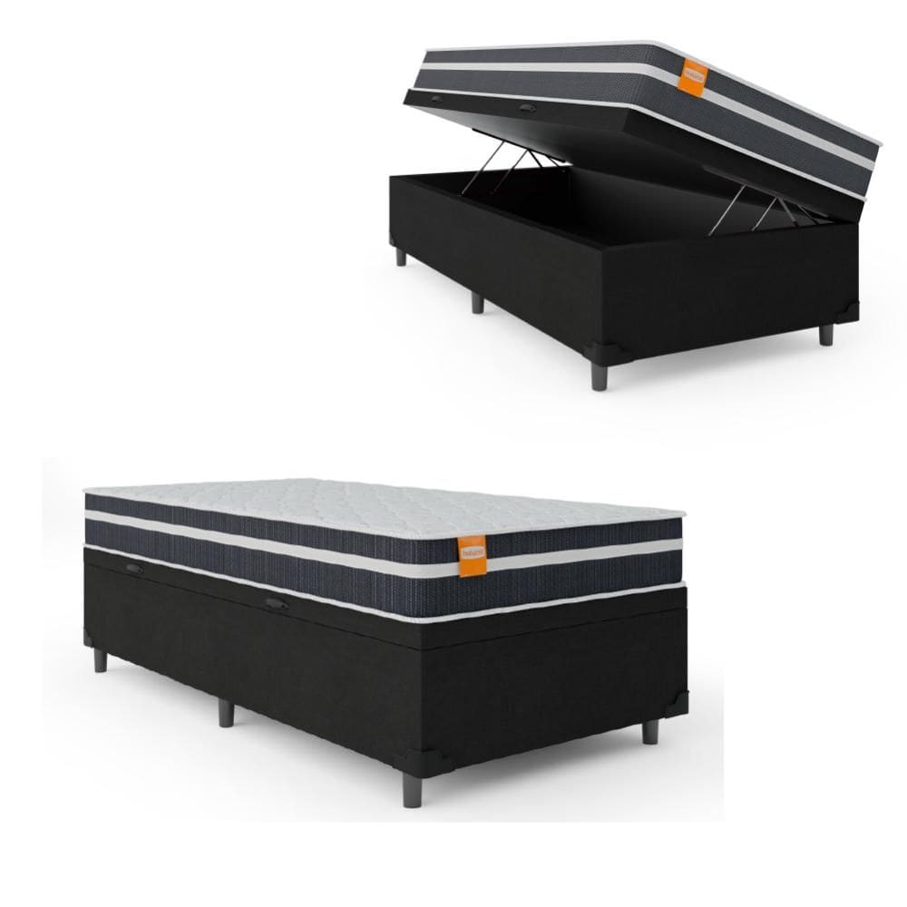 Cama Box Solteiro Baú Colchão Molas Qatar 88x188x63cm Branco / Preto - Suporta até 200Kg Por Pessoa