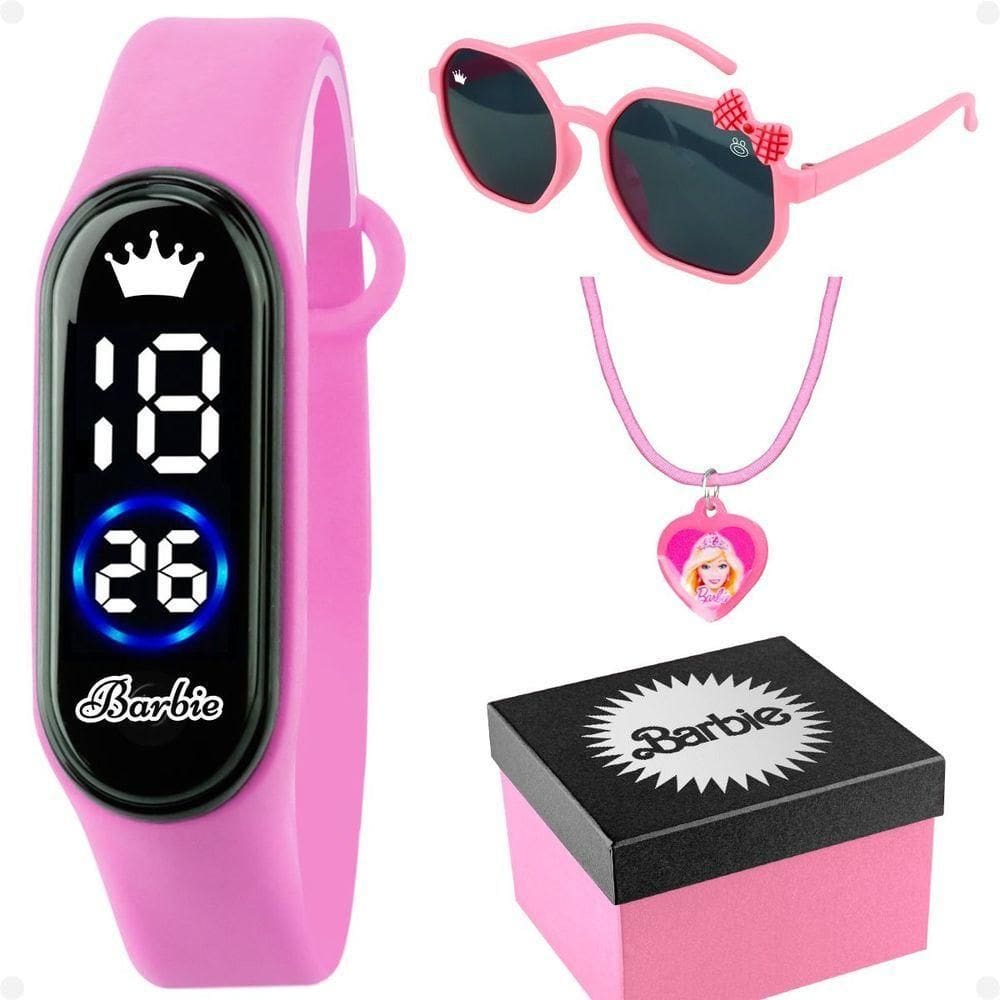 Relogio Infantil Digital Rosa Barbie + Oculos Escuros + Caixa Proteção Uv Ajustavel Pink Silicone