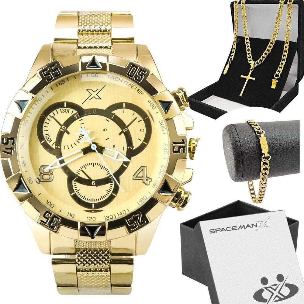 Relogio Masculino Dourado Aço + Pulseira + Cordão + Caixa Cruz Presente Social Ponteiro Inoxidável