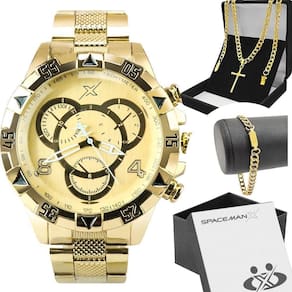 Relogio Masculino Dourado Aço + Pulseira + Cordão + Caixa Cruz Presente Social Ponteiro Inoxidável