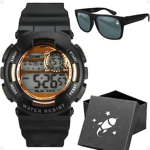 Relogio Infantil Digital Menino Preto + Caixa + Oculos Sol Presente Cronometro Esportivo Rose Alarme