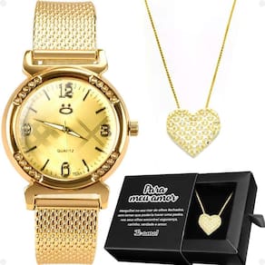 Relogio Feminino Aço Dourado + Colar Coração Amor + Caixa Inoxidável Presente Social Moda Casual