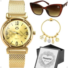 Relogio Feminino Dourado Aco + Oculos Sol + Pulseira Qualidade Premium Silicone Personalize Social