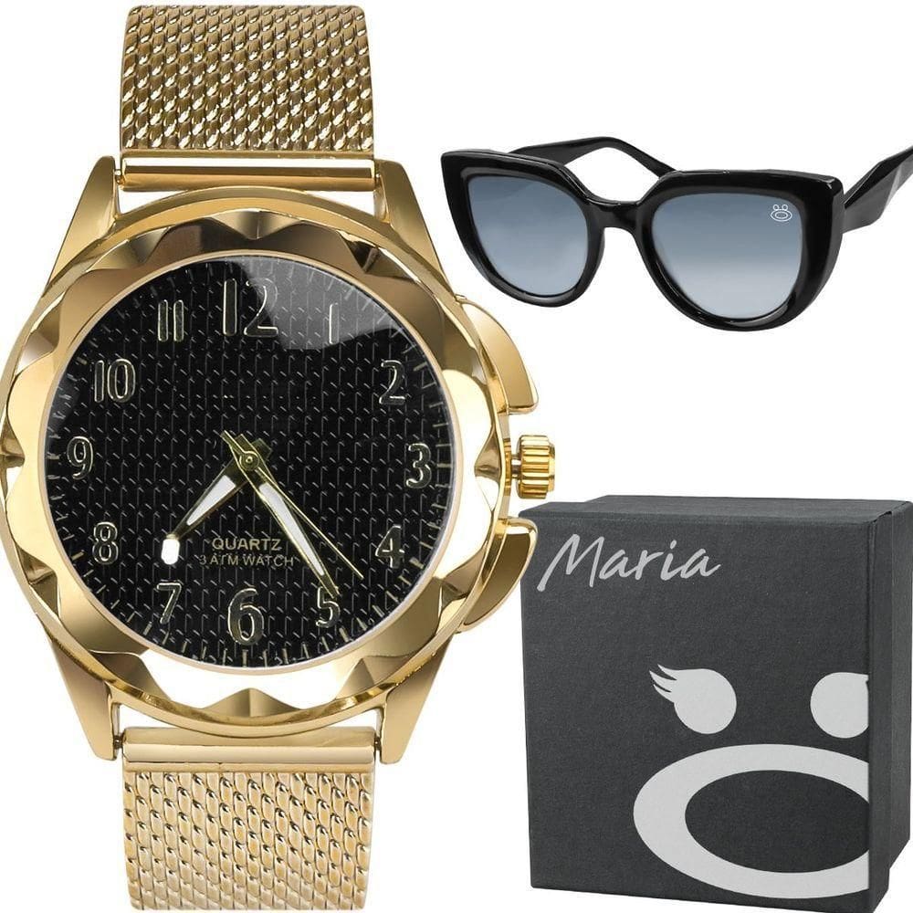 Relogio Feminino Banhado + Oculos Sol Proteção Uv Caixa Moda Silicone Resistente Prova Dagua Casual