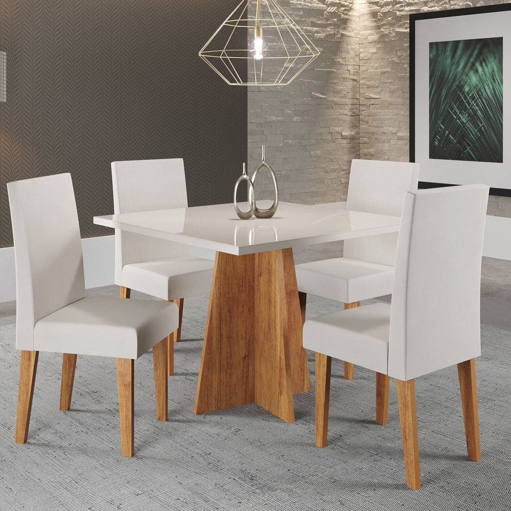 Mesa de Jantar Quadrada Decora com Vidro 90x90 com 4 Cadeiras Venus em Mdp/mdf Mel/Off White/ Marfim