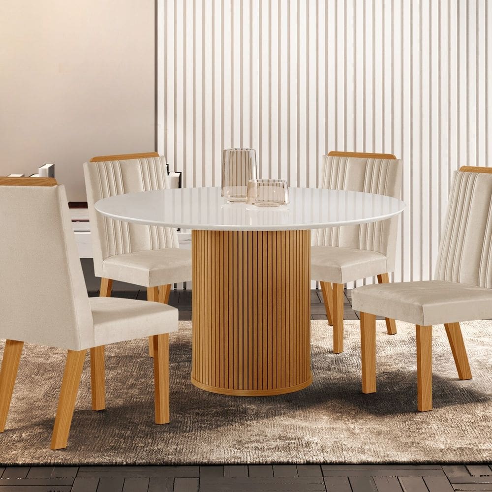 Conjunto de Jantar Mesa Dara 1,10 X 1,10 Tampo Mdf/vidro com 4 Cadeiras Florença Castanho Cinamomo/Creme/Off White