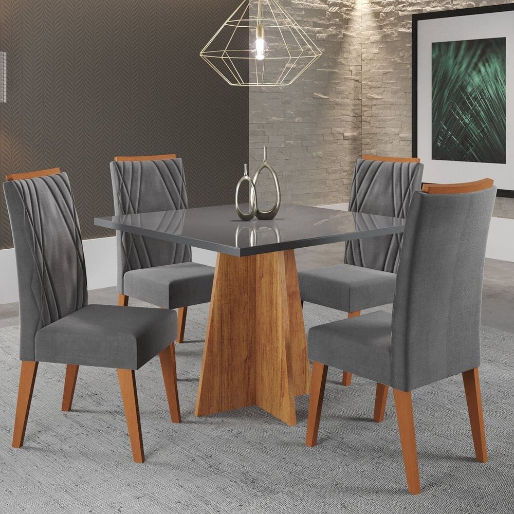 Mesa de Jantar Quadrada Columbia Tampo em Mdp sem Vidro 90x90 e 4 Cadeiras Vegas em Madeira Maciça Mel/Cinza/Grafite