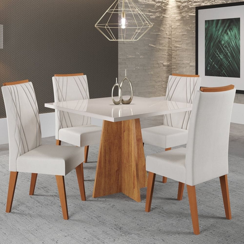 Mesa de Jantar Quadrada Columbia Tampo em Mdp sem Vidro 90x90 e 4 Cadeiras Vegas em Madeira Maciça Mel/Blonde/Marfim