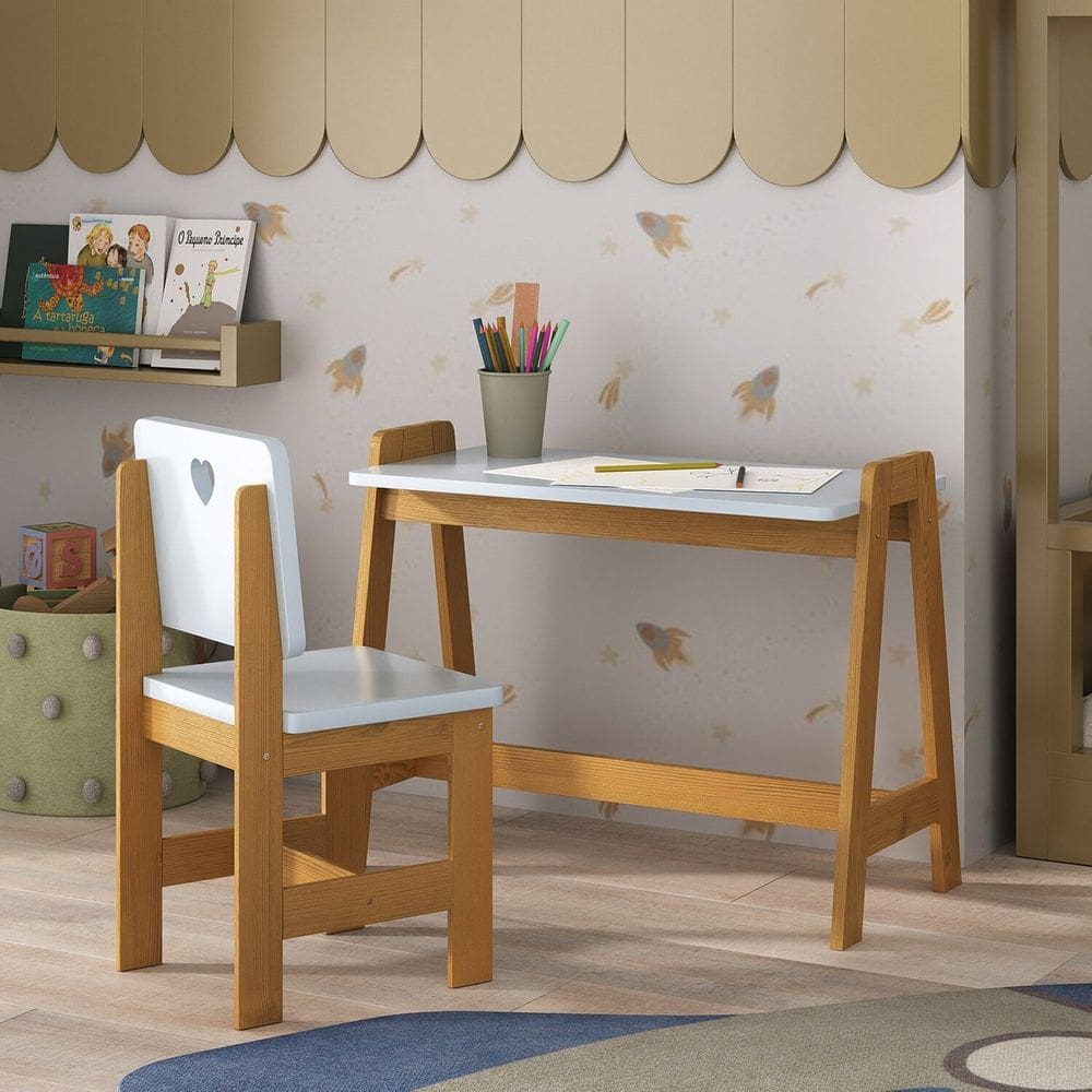 Conjunto Mesa Escrivaninha + 1 Cadeira Infantil Sofia Azul/ Mel Madeira de Pinus / Mdf