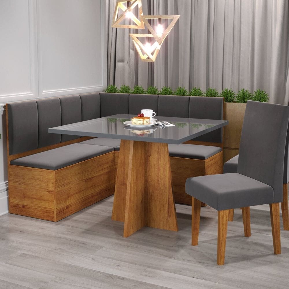 Conjunto Canto Alemão Baú Bariloche Mesa Quadrada 90x90 sem Vidro e 2 Cadeiras Venus em Mdp/mdf Mel/Cinza/Grafite