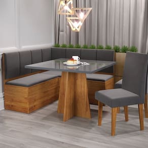 Conjunto Canto Alemão com Baú Trento Mesa Quadrada com Vidro 90x90 e 2 Cadeira Venus Mdp/mdf Mel/Grafite