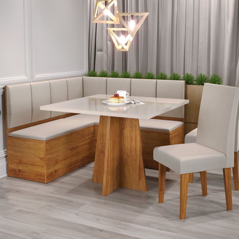 Conjunto Canto Alemão Baú Bariloche Mesa Quadrada 90cm X 90cm sem Vidro e 2 Cadeiras Venus em Mdp/md Mel/Blonde/Marfim
