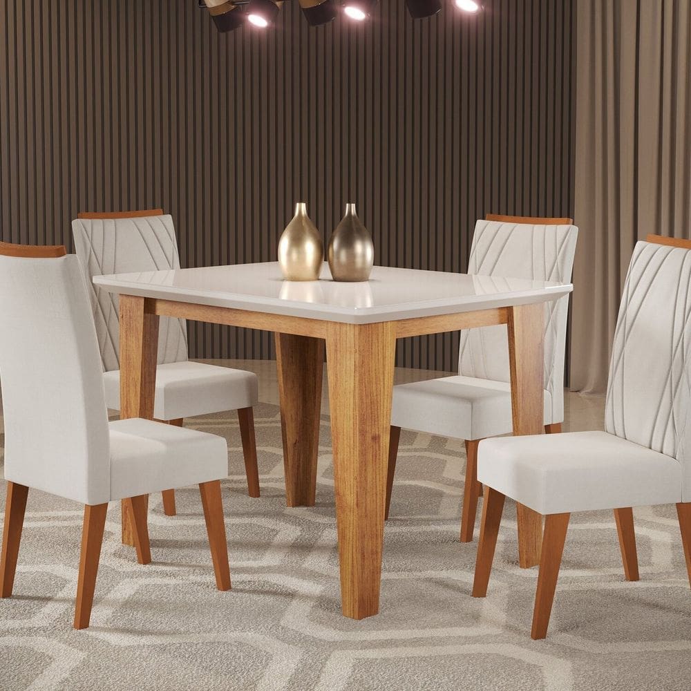 Mesa de Jantar Retangular Divine com Vidro 1,20x90 e 4 Cadeiras Vegas em Madeira Maciça Mel/Off White/Marfim