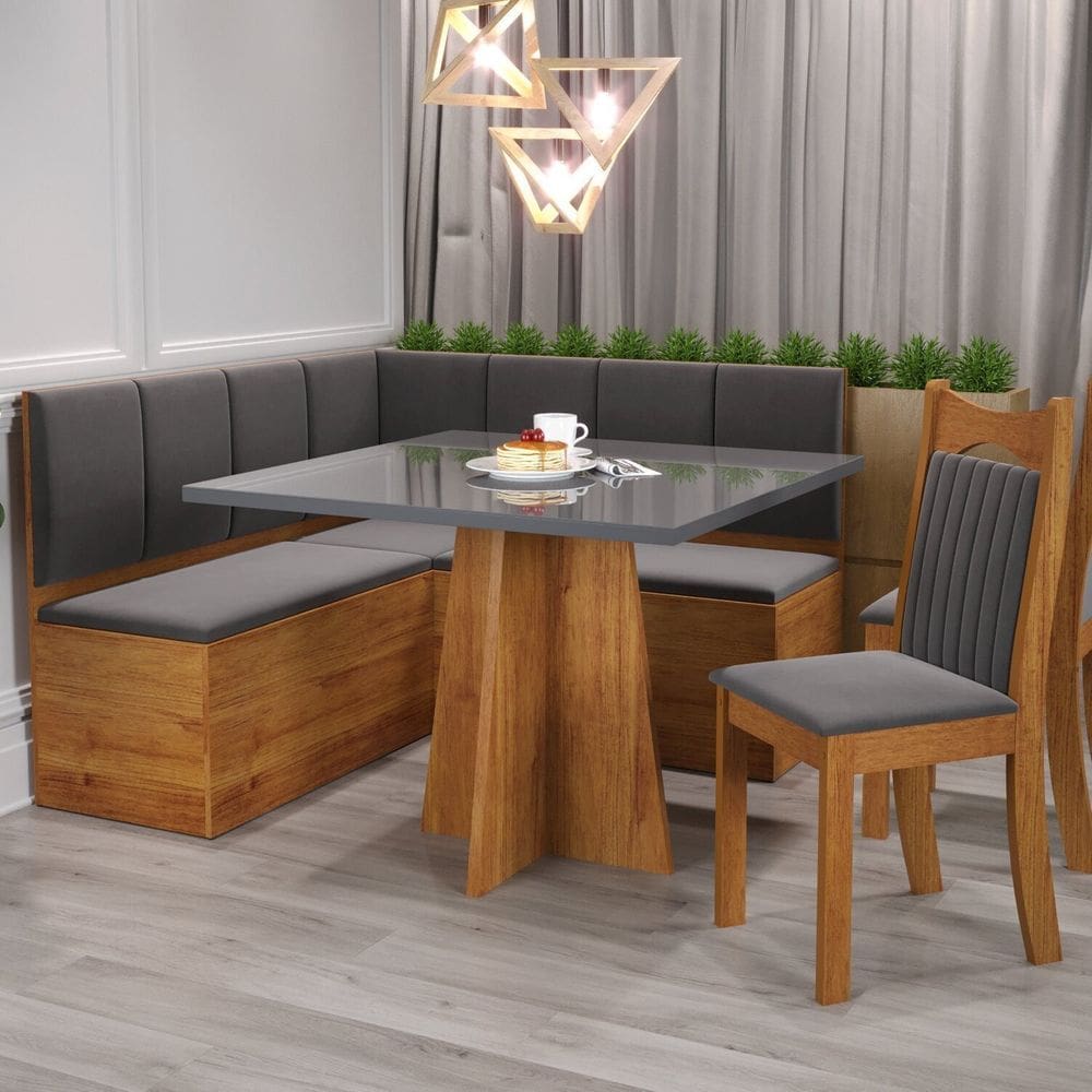 Conjunto Canto Alemão com Baú Trento Mesa Quadrada com Vidro 90x90 e 2 Cadeira Dallas em Mdp/mdf Mel/Grafite