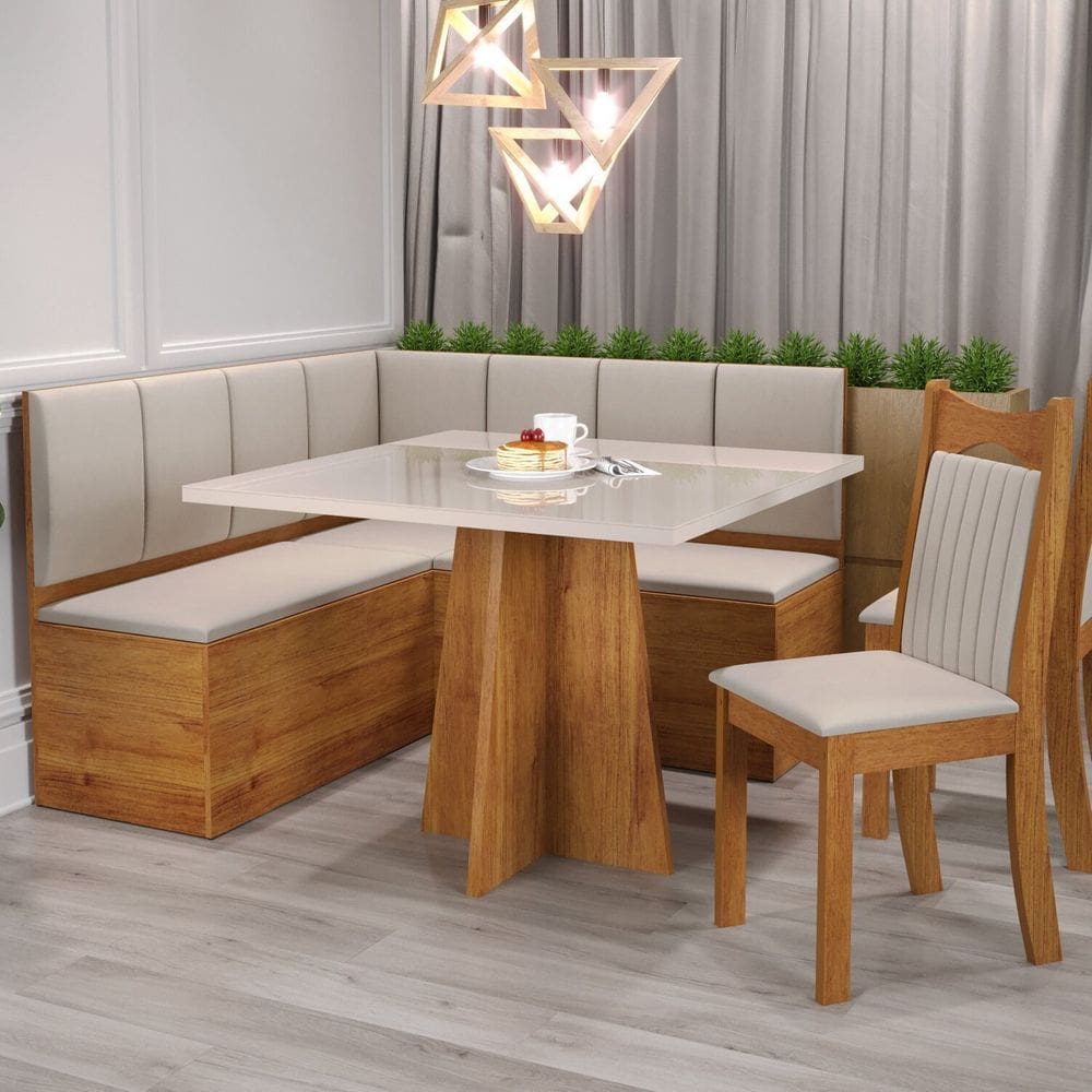 Conjunto Canto Alemão com Baú Bariloche Mesa Quadrada 90x90 sem Vidro e 2 Cadeiras Dallas em Mdp/mdf Mel/Blonde/Marfim