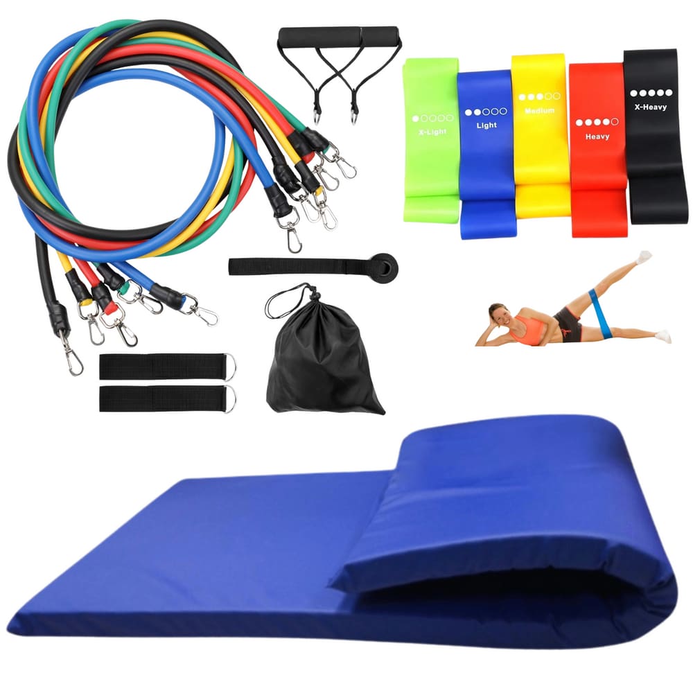 Kit Treino Com Elástico De 11 Peça + Colchonete + 5 Mini Band Academia em Casa