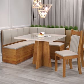 Conjunto Canto Alemão com Baú Trento Mesa Quadrada com Vidro 90x90 e 2 Cadeira Dallas em Mdp/mdf Mel/Marfim/Off White