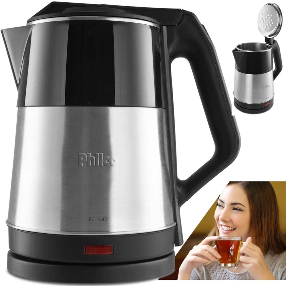 Chaleira Elétrica Jarra Garrafa Bule Philco PCH13PI 1.9L Aço Inox, Base Giratória 360° Desligamento Automático