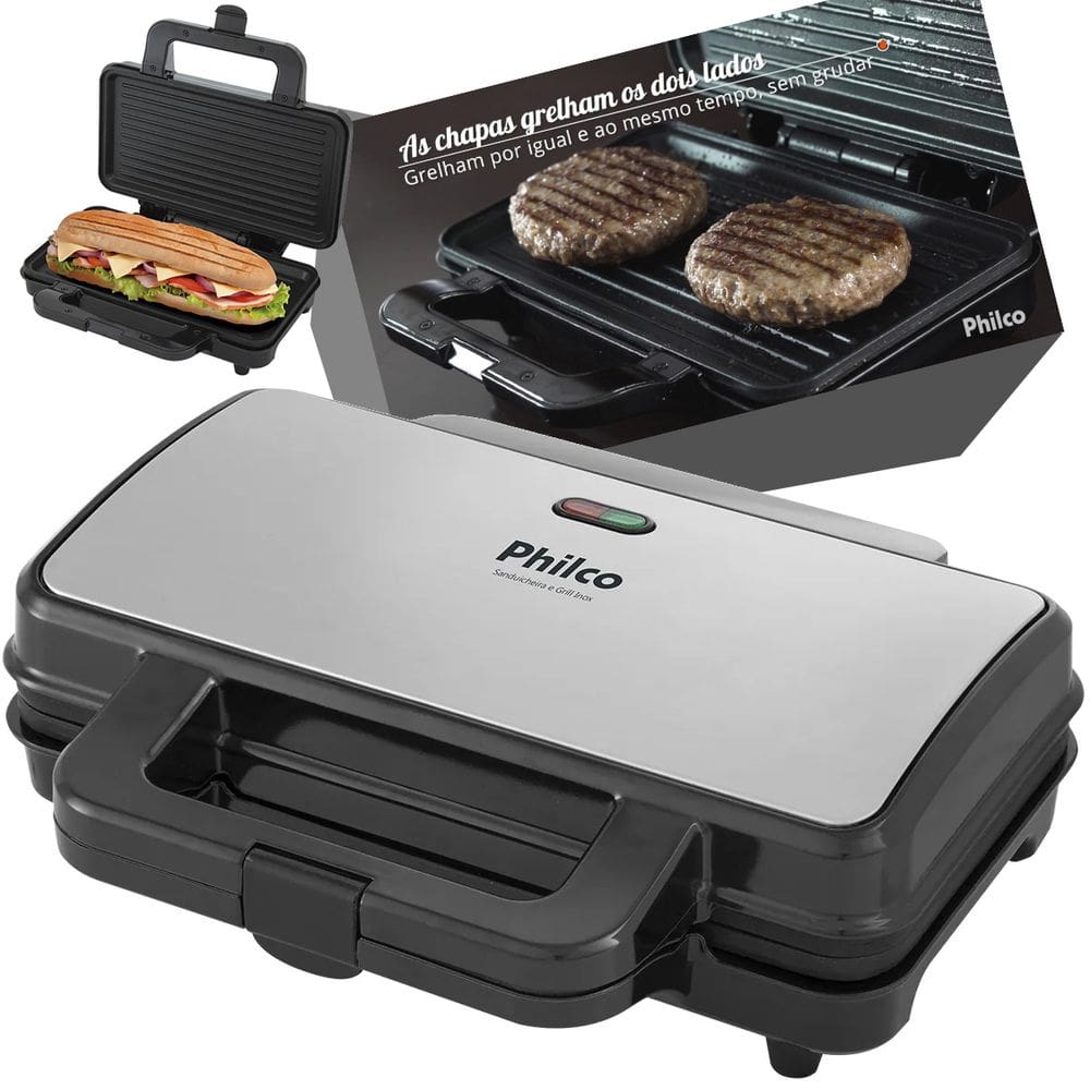 Sanduicheira Grill Elétrica Philco Inox Antiaderente PGR02I 900W Faz 2 sanduíches