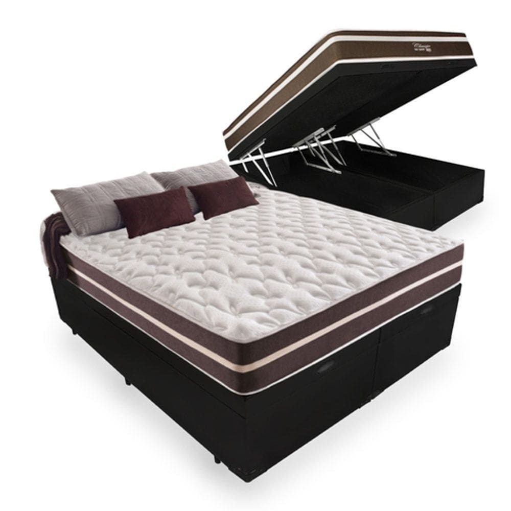 Cama Box Baú Queen 158 Tecido Sintético Preto com Colchão Little Angel - Bello Box - Mola Superlastic 62x158x198cm