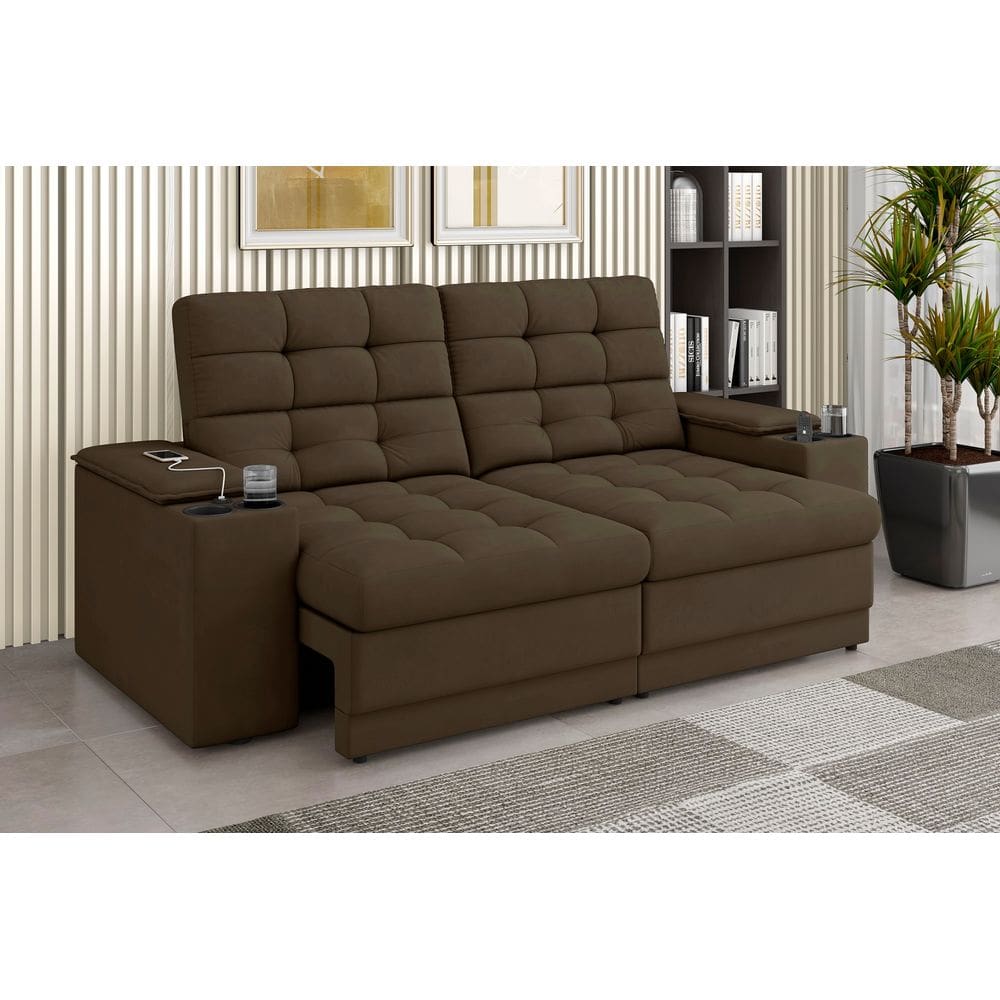 Sofá Confort Premium 1,70m Assento Retrátil/Reclinável porta copos e USB Suede Marrom - XFlex Sofas