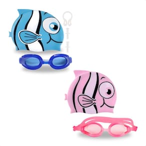Kit Natação Infantil Peixe Menino E Menina Touca Toca Óculos Mergulho Silicone Com Protetor 5 Peças