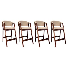 Kit 4 Banquetas Alta para Ilha de Cozinha Ravena Madeira Maciça Castanho Linho Marrom Bege CCS