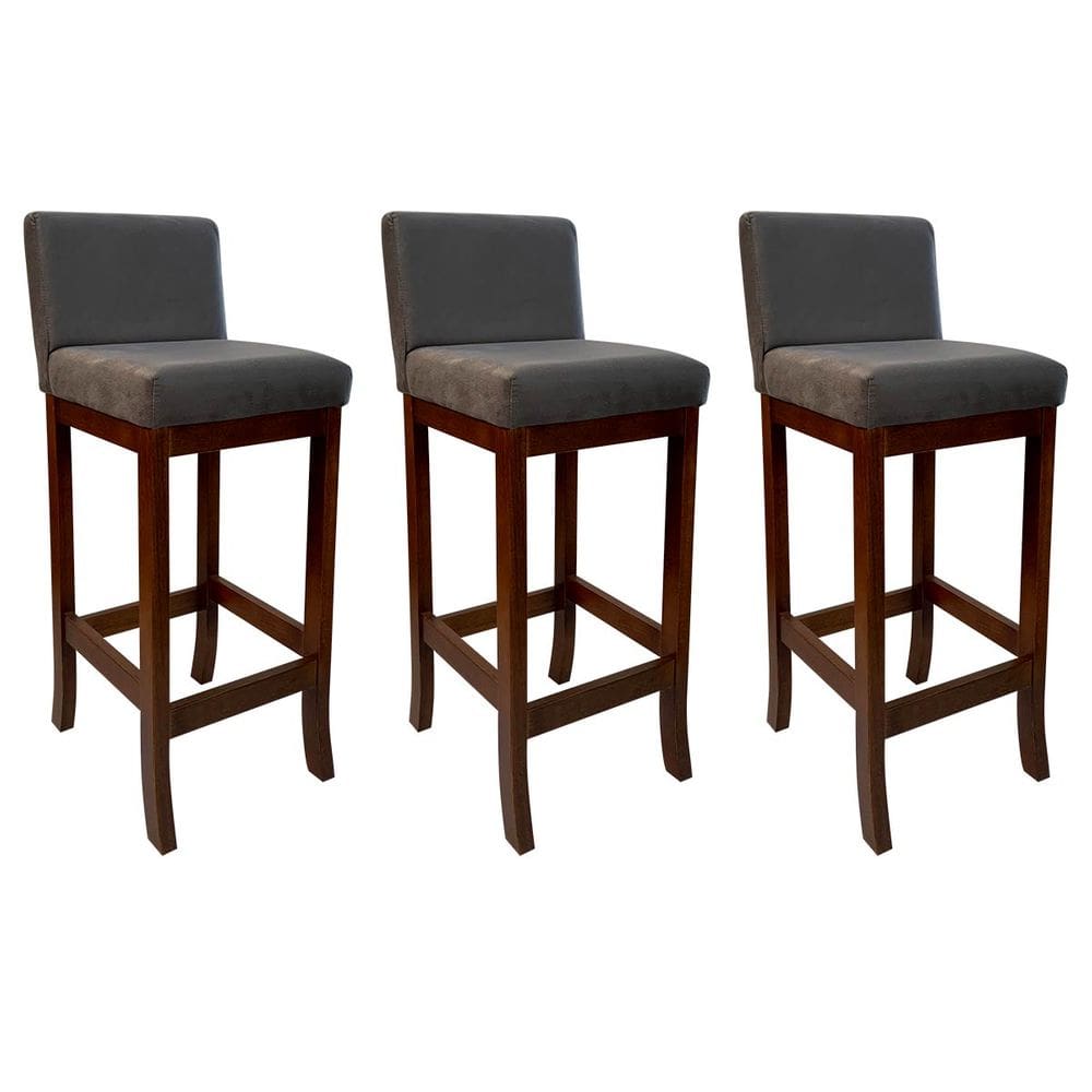 Kit 3 Banquetas Média Estofada de Madeira Castanho Melody Suede Cinza