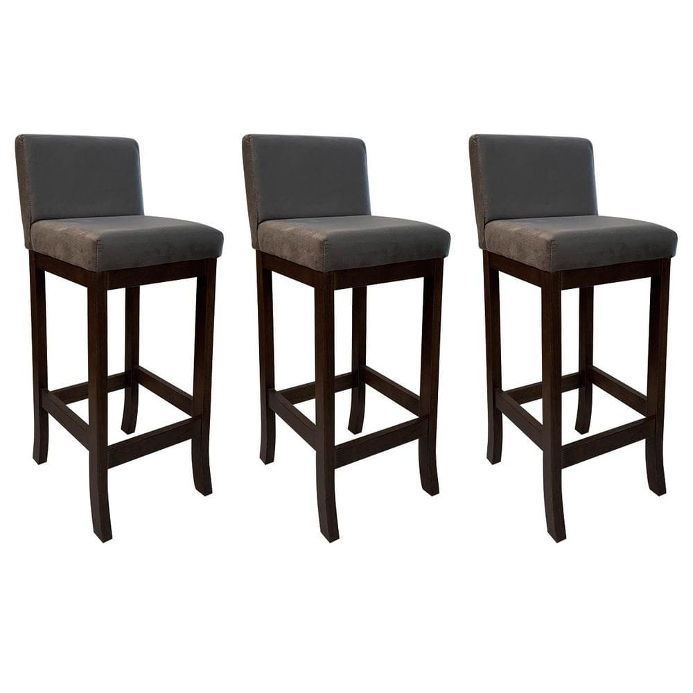 Kit 3 Banquetas Alta Estofada de Madeira Capuccino Melody Suede Cinza