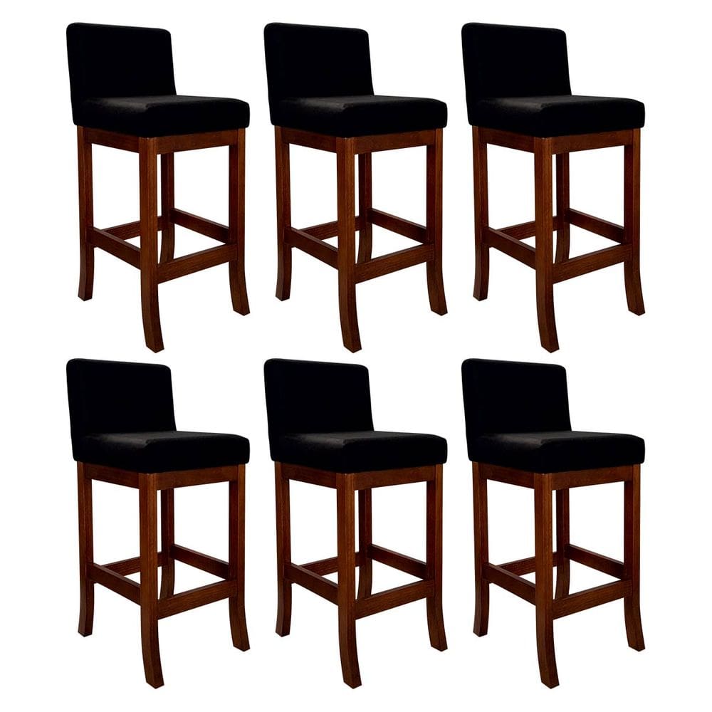 Kit 6 Banquetas Média em Madeira Estofada Castanho Melody Suede Preto