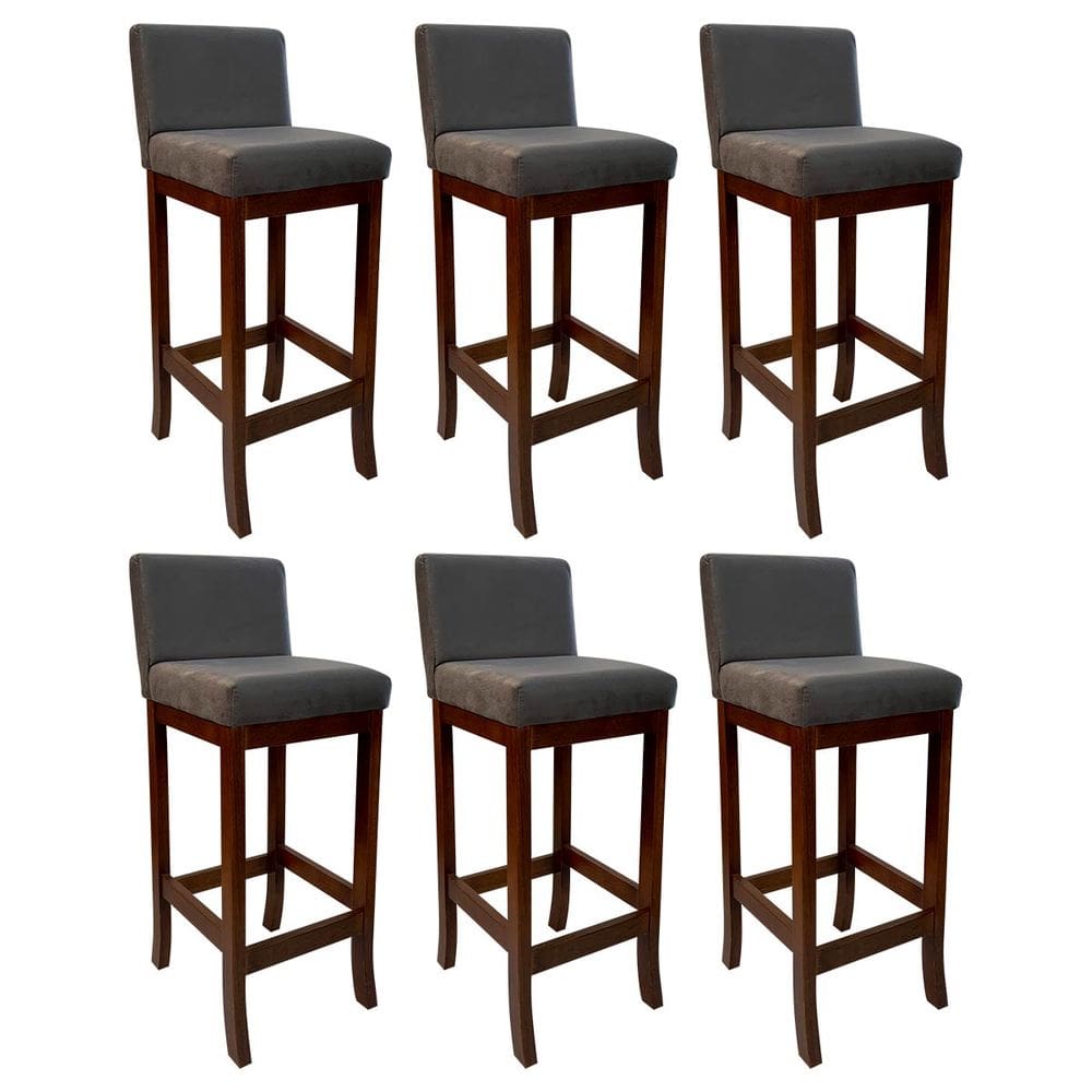 Kit 6 Banquetas Alta Estofada para Bancada Castanho Melody Suede Cinza