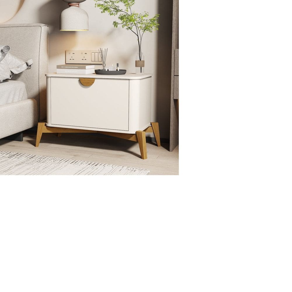 Mesa de Cabeceira Buriti com Puxador e Pés em Madeira Maciça OFFWHITE