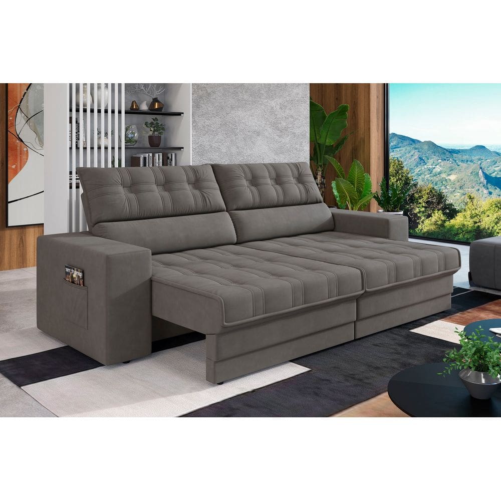 Sofá Oscar Plus 2,30m Retrátil/Reclinável Suede Cinza - XFlex Sofás