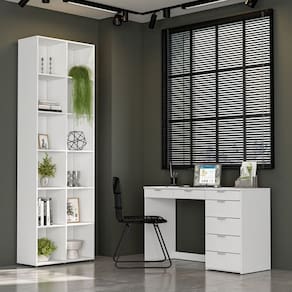 Kit 2 Peças Escrivaninha 120 Cm 7 Gavetas com Estante Multiuso 12 Nichos Caracol Branco