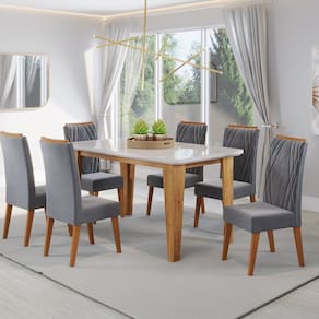 Mesa de Jantar Retangular Dakar 1,60x90 com Vidro e 6 Cadeiras Vegas em Madeira Maciça Mel/off White/Grafite