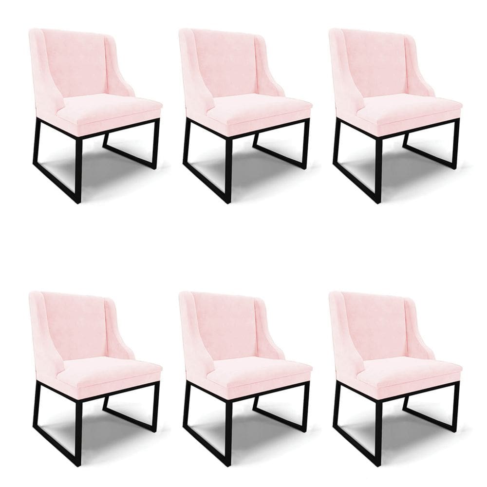 Cadeira Sala de Jantar Industrial Preto Kit 6 Liz Suede Rosa Bebê D03 - D`Rossi