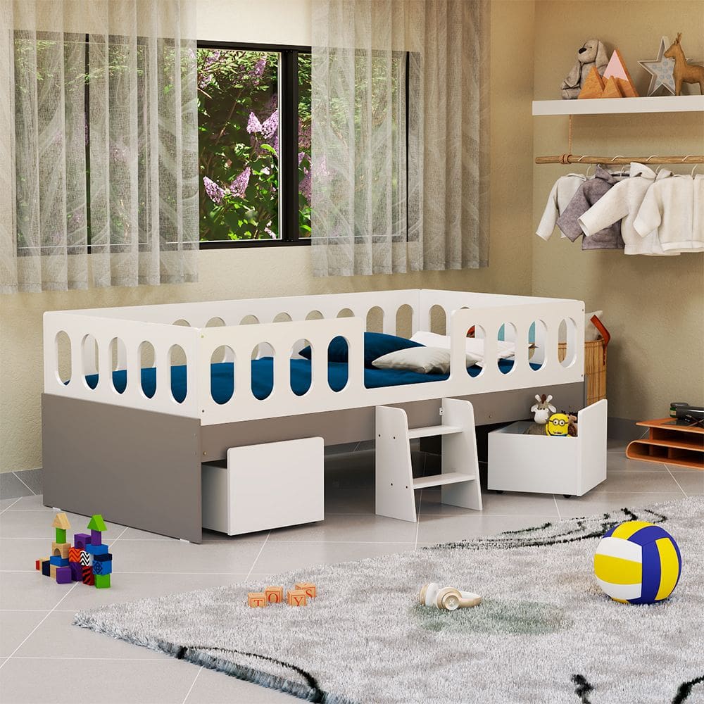 Cama Juvenil Lara Solteiro Com Nichos E Escadinha Branco E Cinza - Baby Mobília