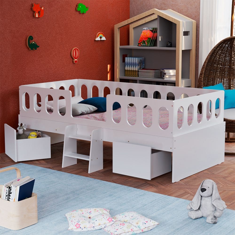 Cama Juvenil Lara Solteiro Com Nichos E Escadinha Branco - Baby Mobília