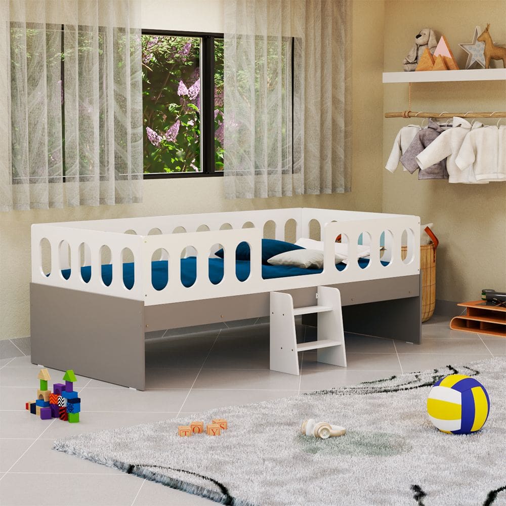 Cama Juvenil Lara Solteiro Com Escadinha Branco E Cinza - Baby Mobília