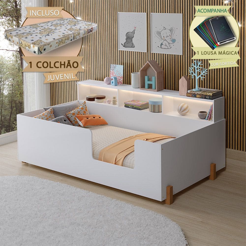 Cama De Criança Infantil Doçura Branca Juvenil Incluso Lousa Mágica + Colchão