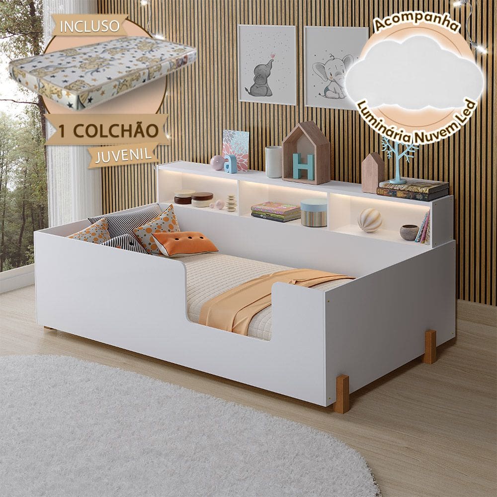Cama De Criança Infantil Doçura Branca Juvenil Acompanha Uma Luminária + Colchão