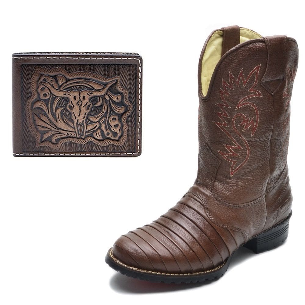 Kit Bota Texana Couro Casco de Tatu Country Masculina Palmilha Anatomica Gel Com Carteira de Couro